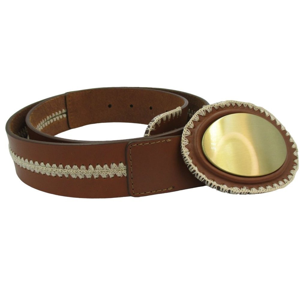 Chico's Western Belt Brown Beige Leather Adjustable Hook Eye Embroidered 36-40 - Picture 2 of 6